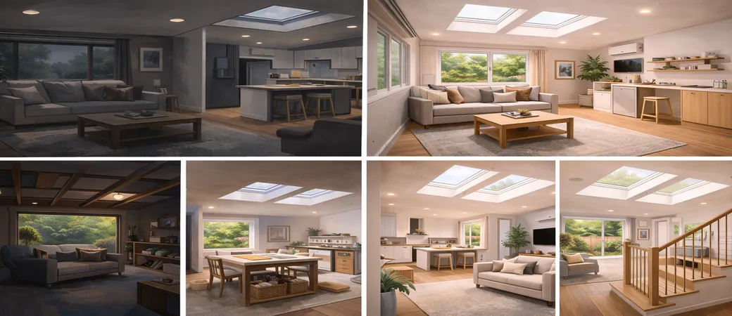 Real-world skylight journeys three NZ homes transformed (illustrative only)