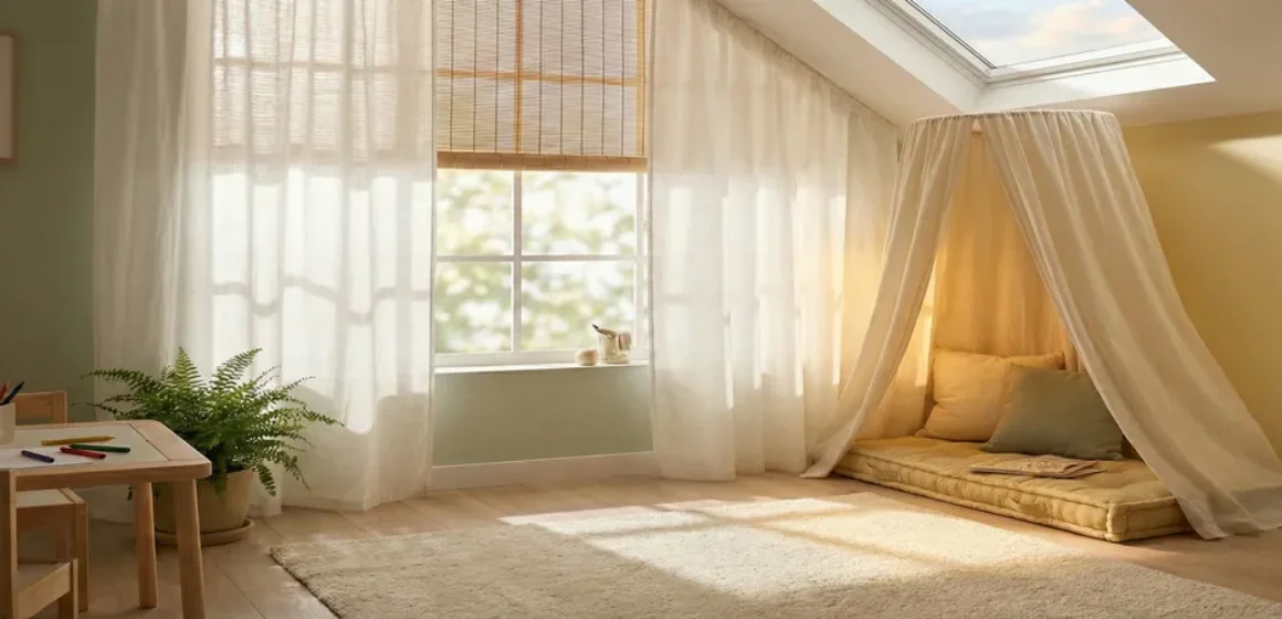 Late-summer sun and kids’ rooms keeping light calming, not harsh